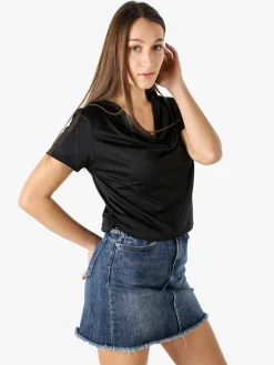 Solada Blusa donna a maniche corte con scollo a cascata - nero