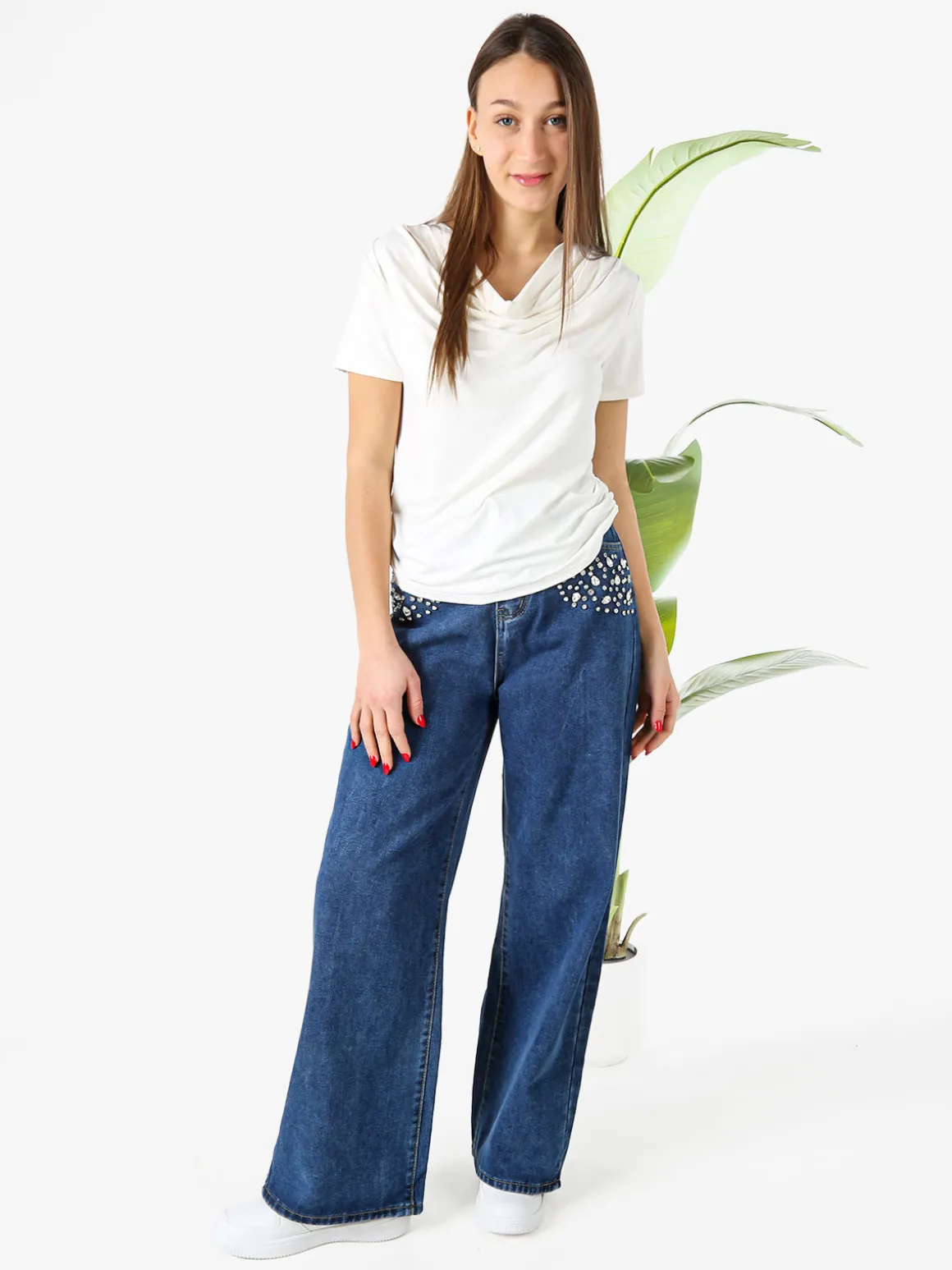 Solada Blusa donna a maniche corte con scollo a cascata - bianco