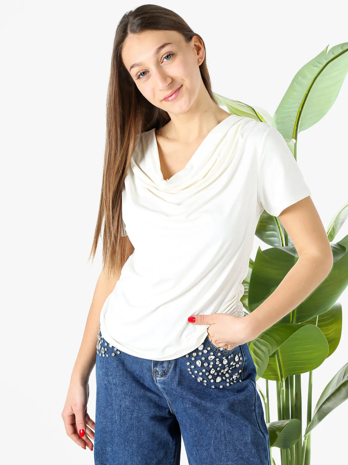 Solada Blusa donna a maniche corte con scollo a cascata - bianco