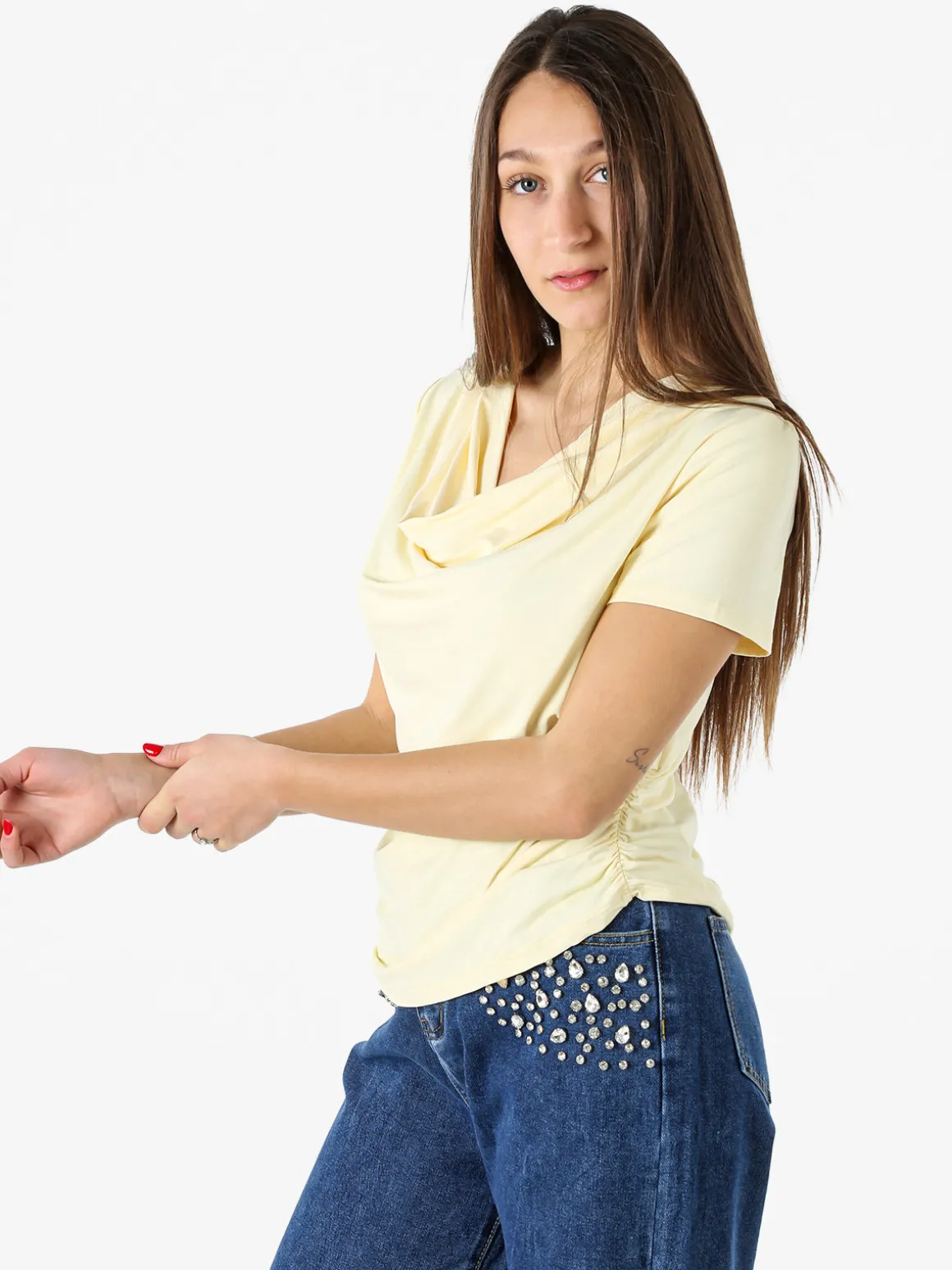 Solada Blusa donna a maniche corte con scollo a cascata - giallo