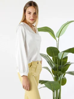 Solada Blusa donna a maniche lunghe in tessuto simil raso con scollo a cascata - bianco