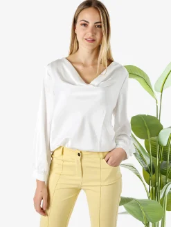 Solada Blusa donna a maniche lunghe in tessuto simil raso con scollo a cascata - bianco