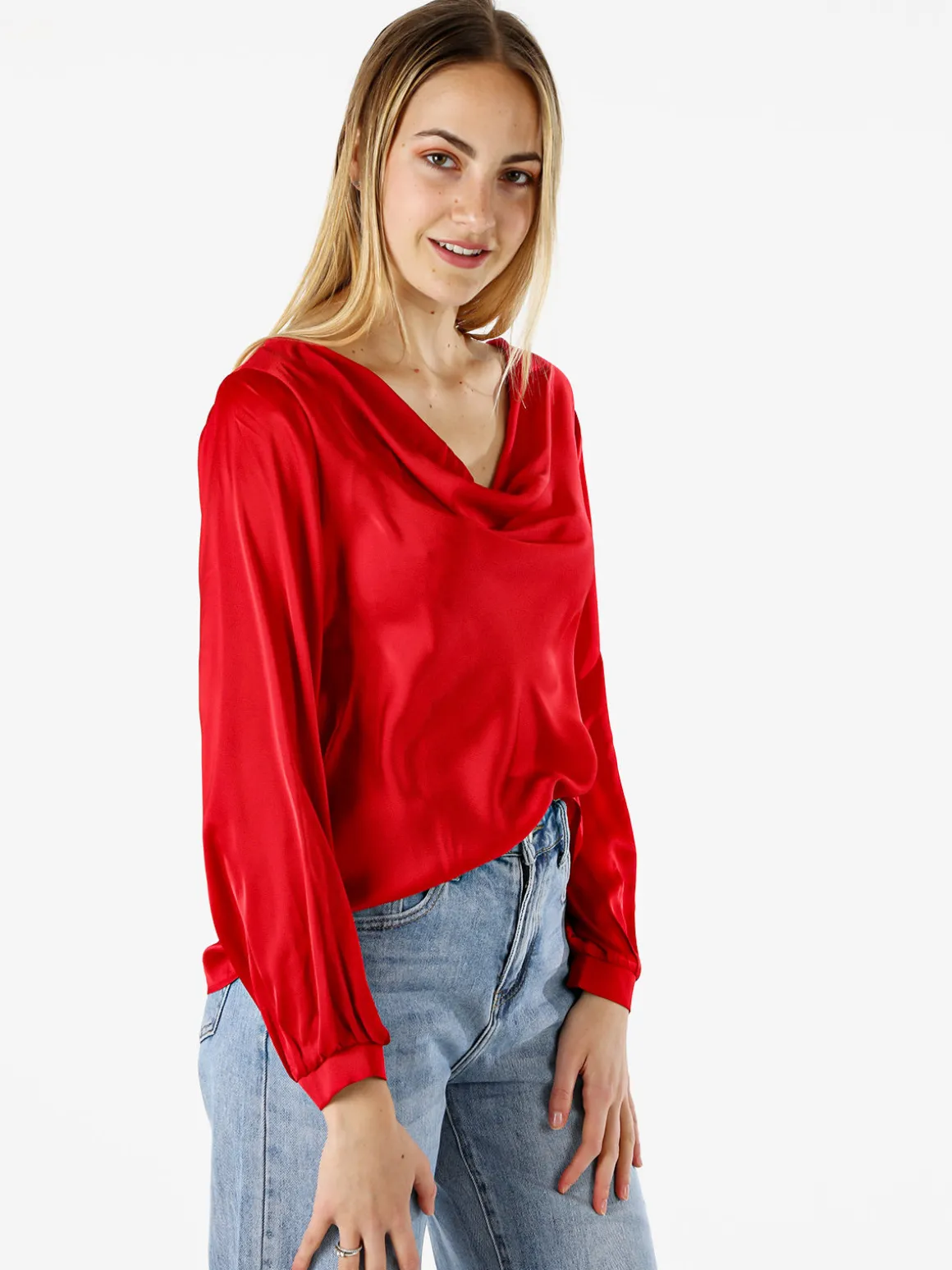 Solada Blusa donna a maniche lunghe in tessuto simil raso con scollo a cascata - nero