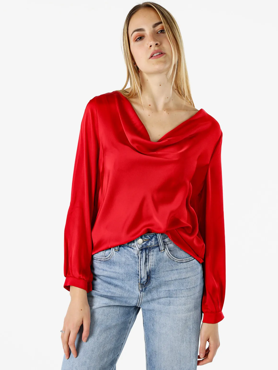Solada Blusa donna a maniche lunghe in tessuto simil raso con scollo a cascata - nero