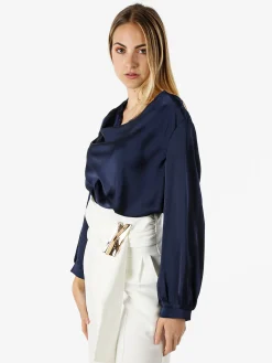 Solada Blusa donna a maniche lunghe in tessuto simil raso con scollo a cascata - blu scuro