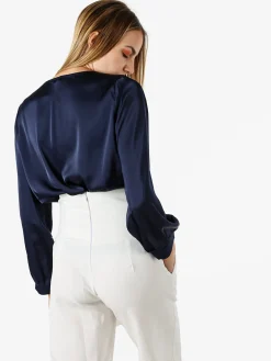 Solada Blusa donna a maniche lunghe in tessuto simil raso con scollo a cascata - blu scuro