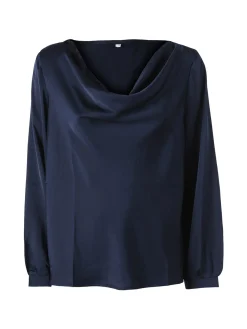 Solada Blusa donna a maniche lunghe in tessuto simil raso con scollo a cascata - blu scuro