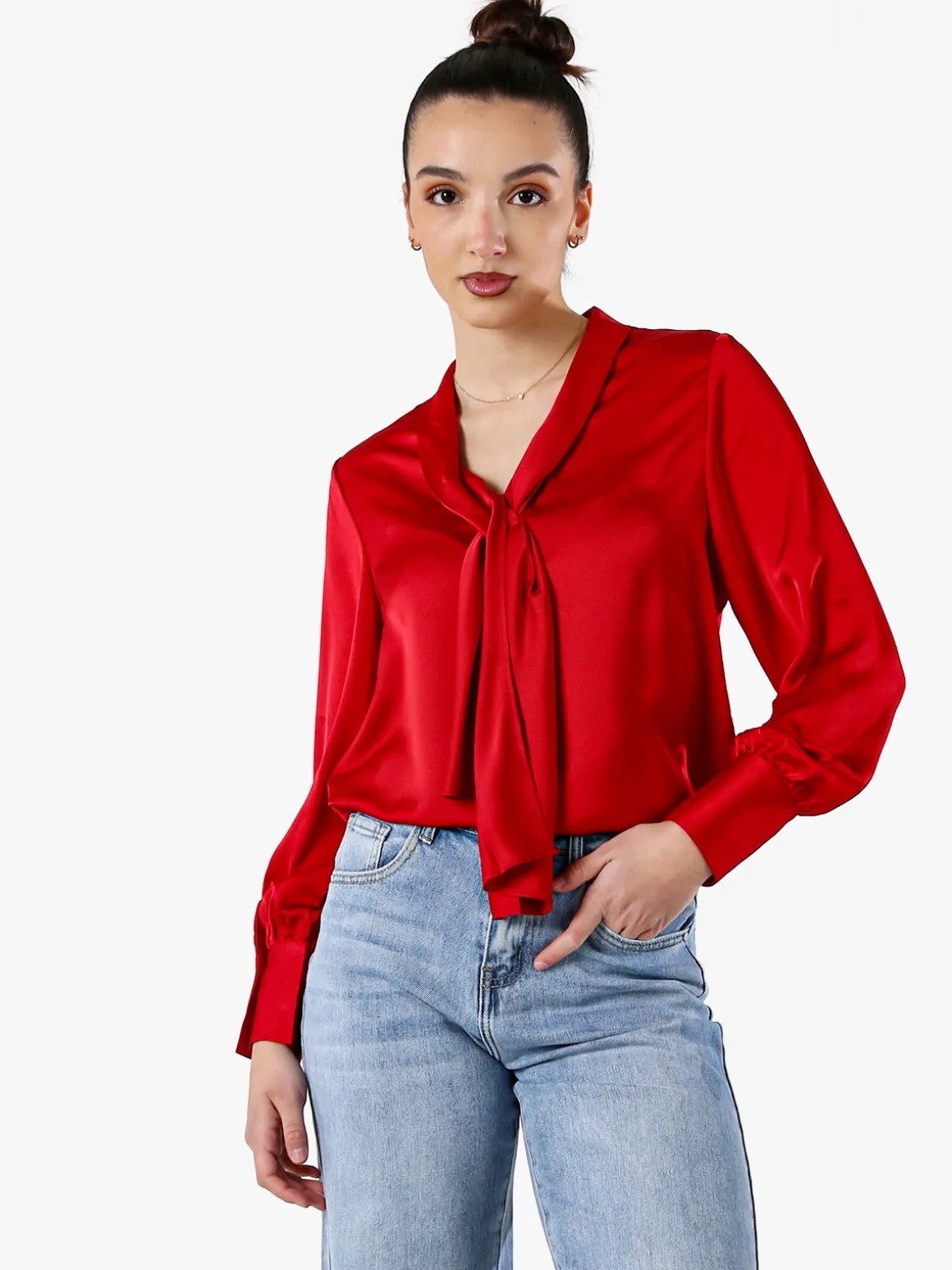 Solada Blusa donna a maniche lunghe in tessuto simil raso - rosso