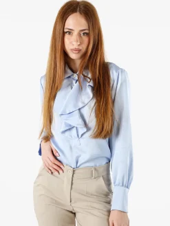 Solada Blusa donna con bottoni di perle e volant sullo scollo - azzurro