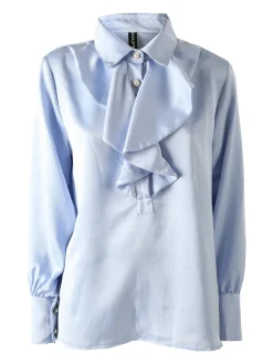 Solada Blusa donna con bottoni di perle e volant sullo scollo - azzurro