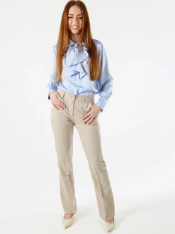 Solada Blusa donna con bottoni di perle e volant sullo scollo - azzurro