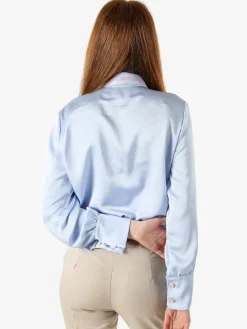 Solada Blusa donna con bottoni di perle e volant sullo scollo - azzurro