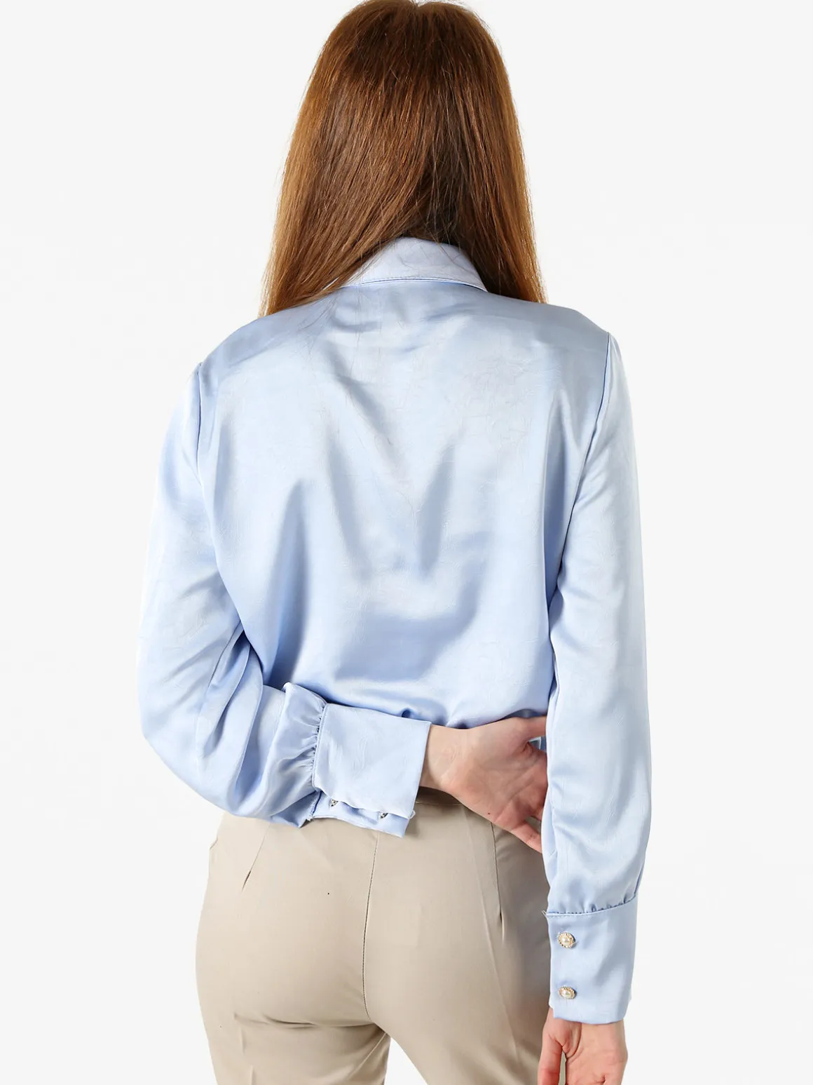 Solada Blusa donna con bottoni di perle e volant sullo scollo - azzurro