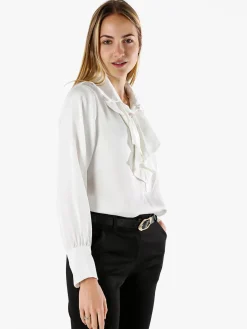 Solada Blusa donna con bottoni di perle e volant sullo scollo - bianco
