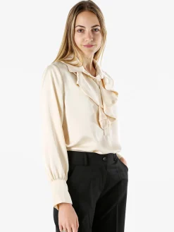 Solada Blusa donna con bottoni di perle e volant sullo scollo - beige