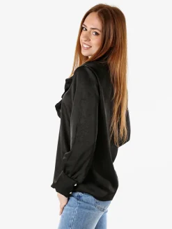 Solada Blusa donna con bottoni di perle e volant sullo scollo - nero