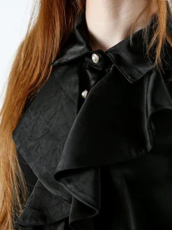 Solada Blusa donna con bottoni di perle e volant sullo scollo - nero