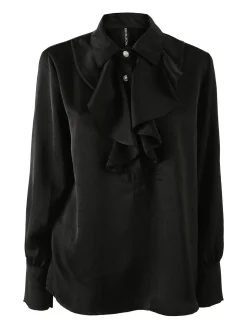 Solada Blusa donna con bottoni di perle e volant sullo scollo - nero