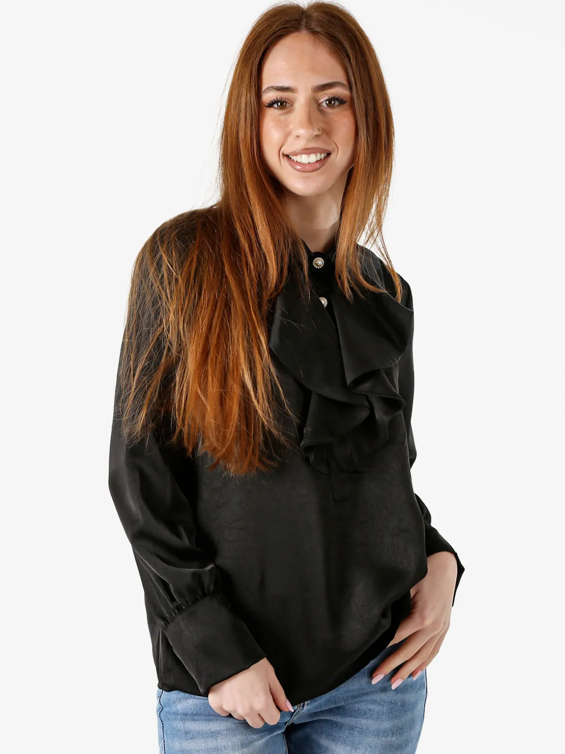 Solada Blusa donna con bottoni di perle e volant sullo scollo - nero