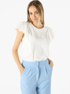 Solada Blusa donna con maniche corte in pizzo macramè - bianco