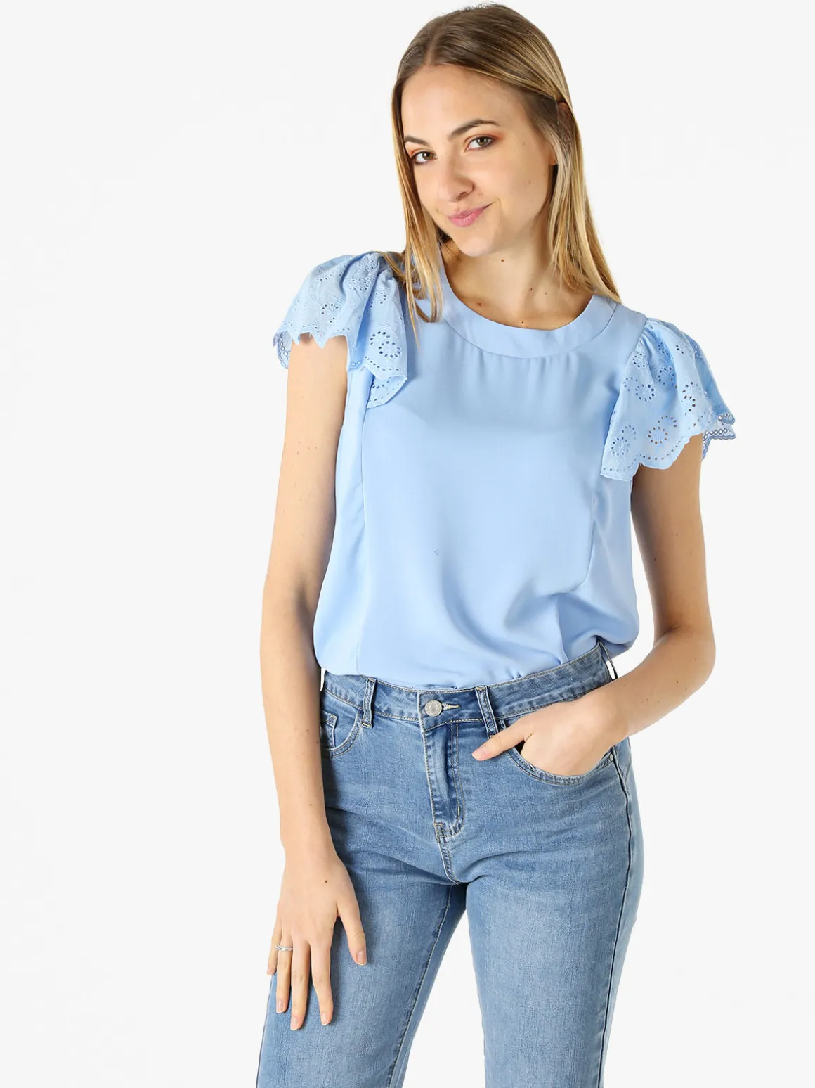 Solada Blusa donna con maniche corte in pizzo macramè - azzurro