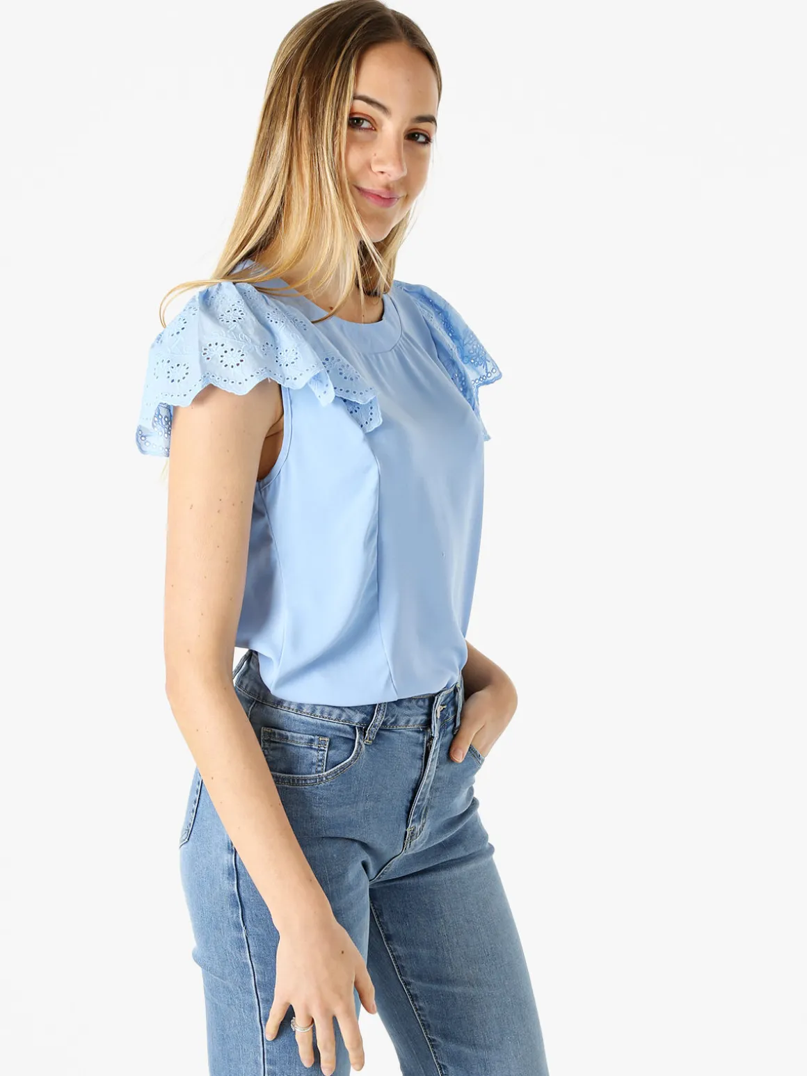Solada Blusa donna con maniche corte in pizzo macramè - azzurro
