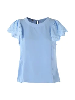 Solada Blusa donna con maniche corte in pizzo macramè - azzurro