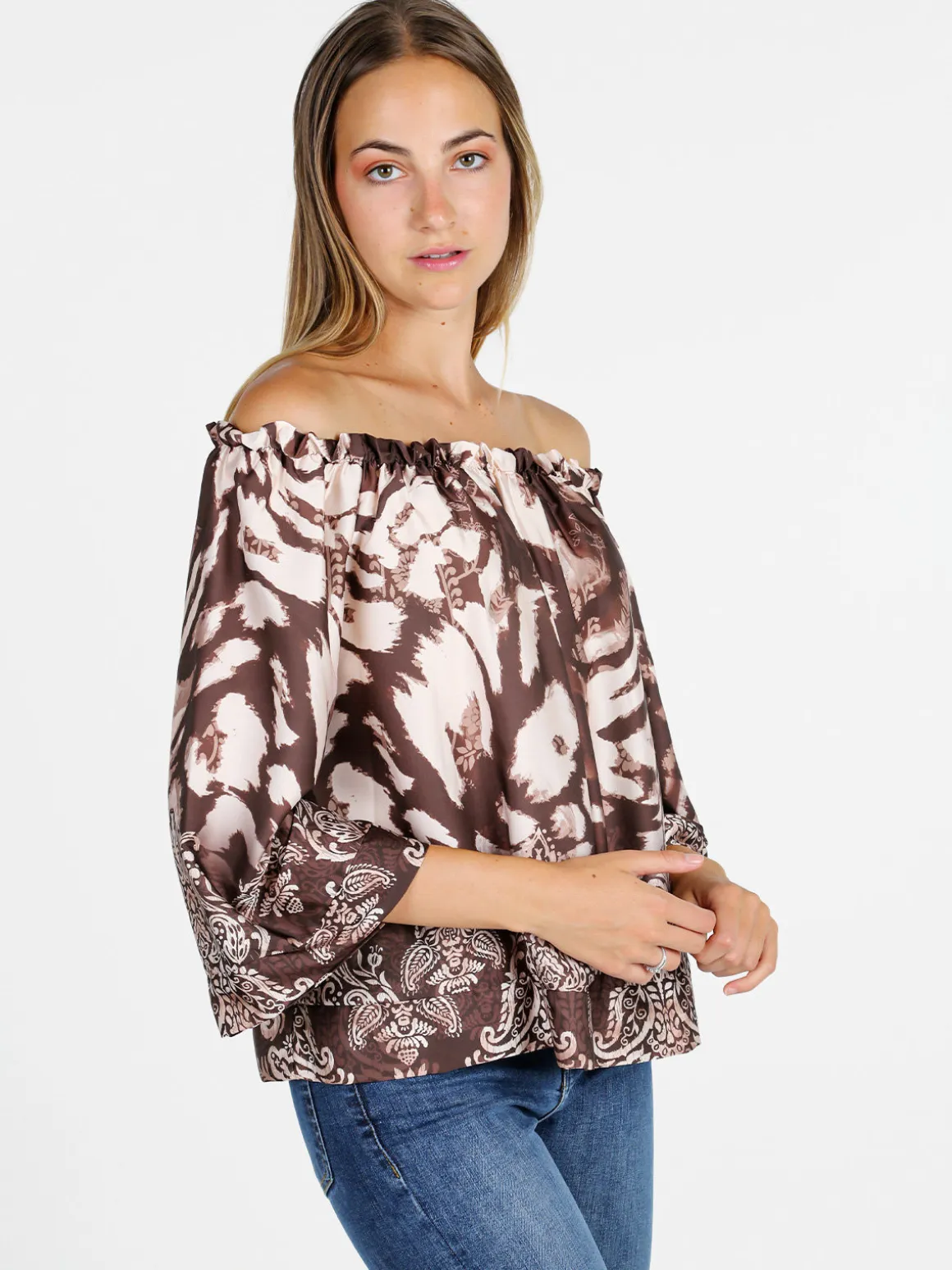 Solada Blusa donna con scollo a barca e maniche corte ampie - moro