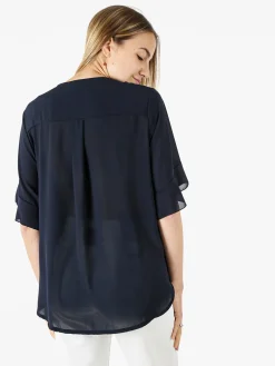 Solada Blusa donna elegante a maniche corte annodata sul fondo - blu scuro