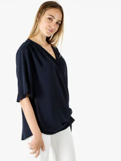 Solada Blusa donna elegante a maniche corte annodata sul fondo - blu scuro