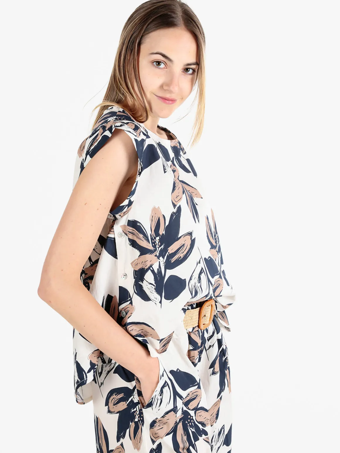 Solada Blusa donna floreale in cotone con bottoni laterali