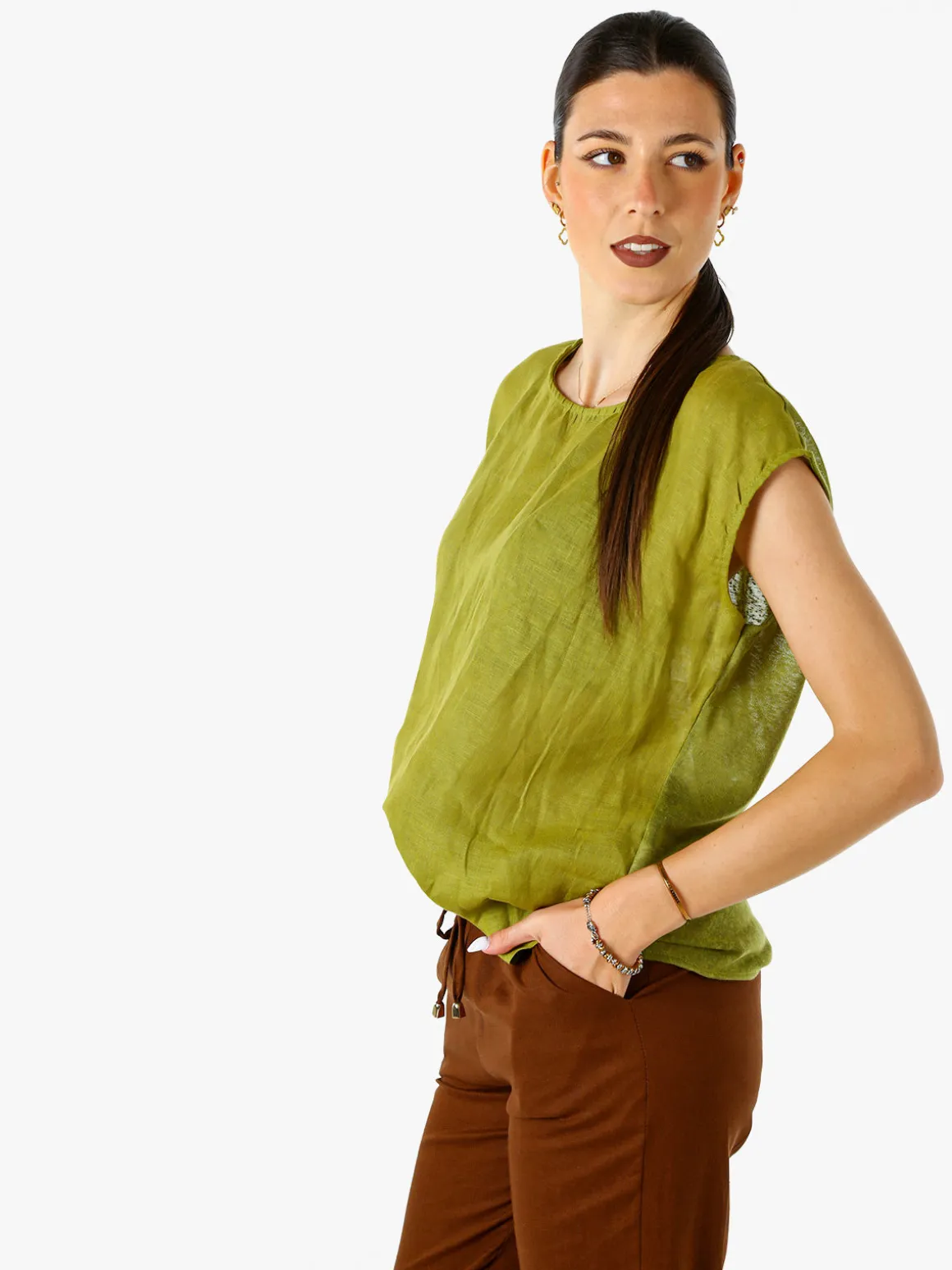 Solada Blusa donna in lino senza maniche - verde