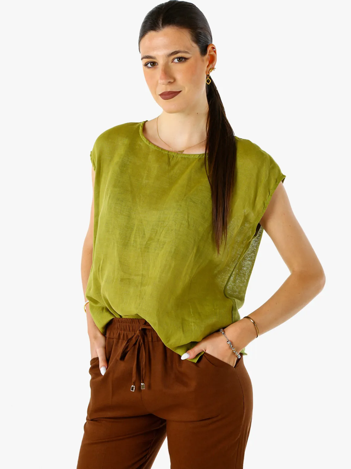 Solada Blusa donna in lino senza maniche - verde