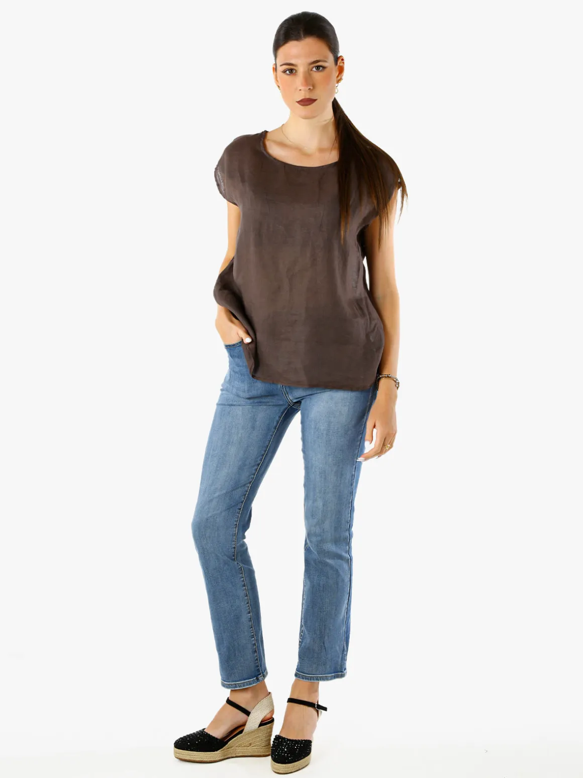 Solada Blusa donna in lino senza maniche - moro