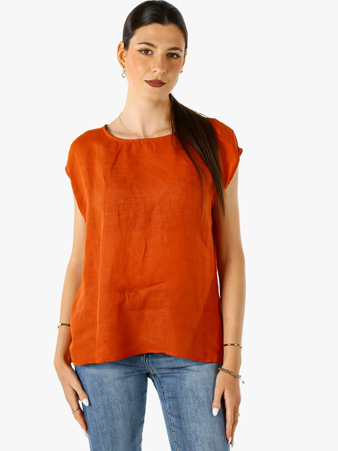 Solada Blusa donna in lino senza maniche - cuoio