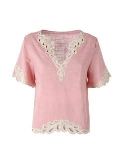 Solada Blusa donna in misto lino e cotone a maniche corte con ricami - rosa