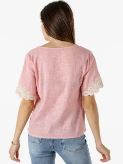 Solada Blusa donna in misto lino e cotone a maniche corte con ricami - rosa