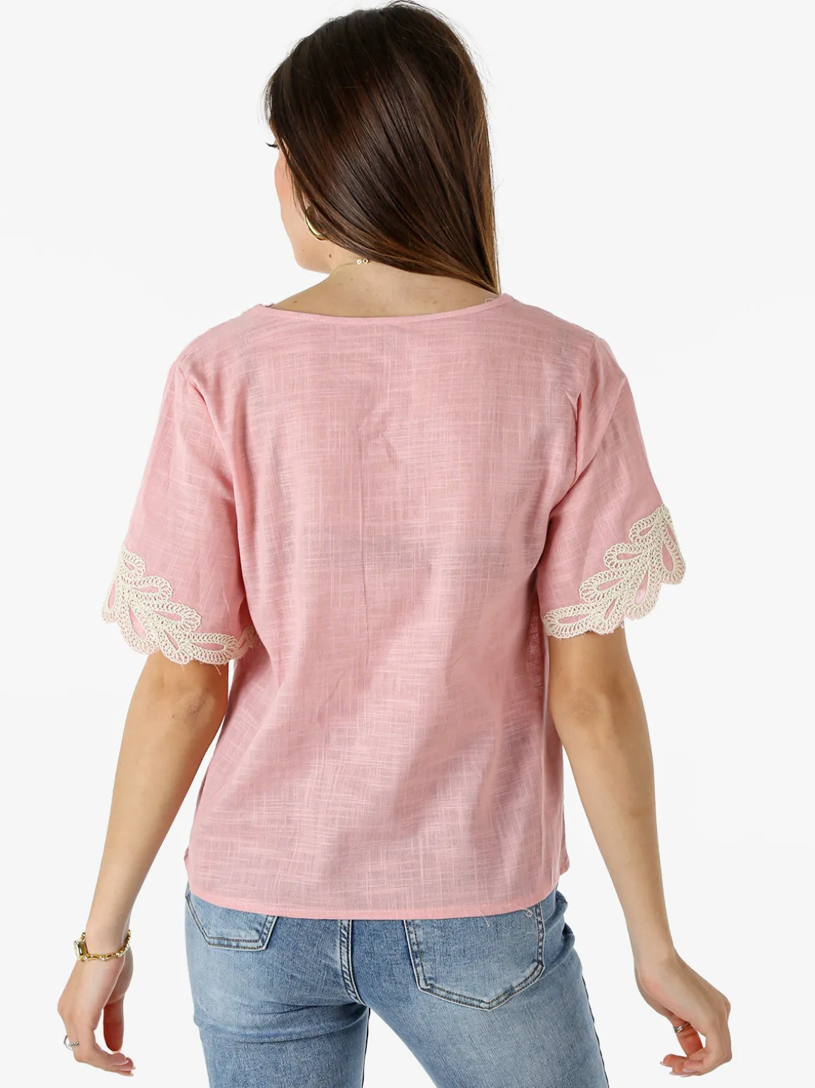 Solada Blusa donna in misto lino e cotone a maniche corte con ricami - rosa
