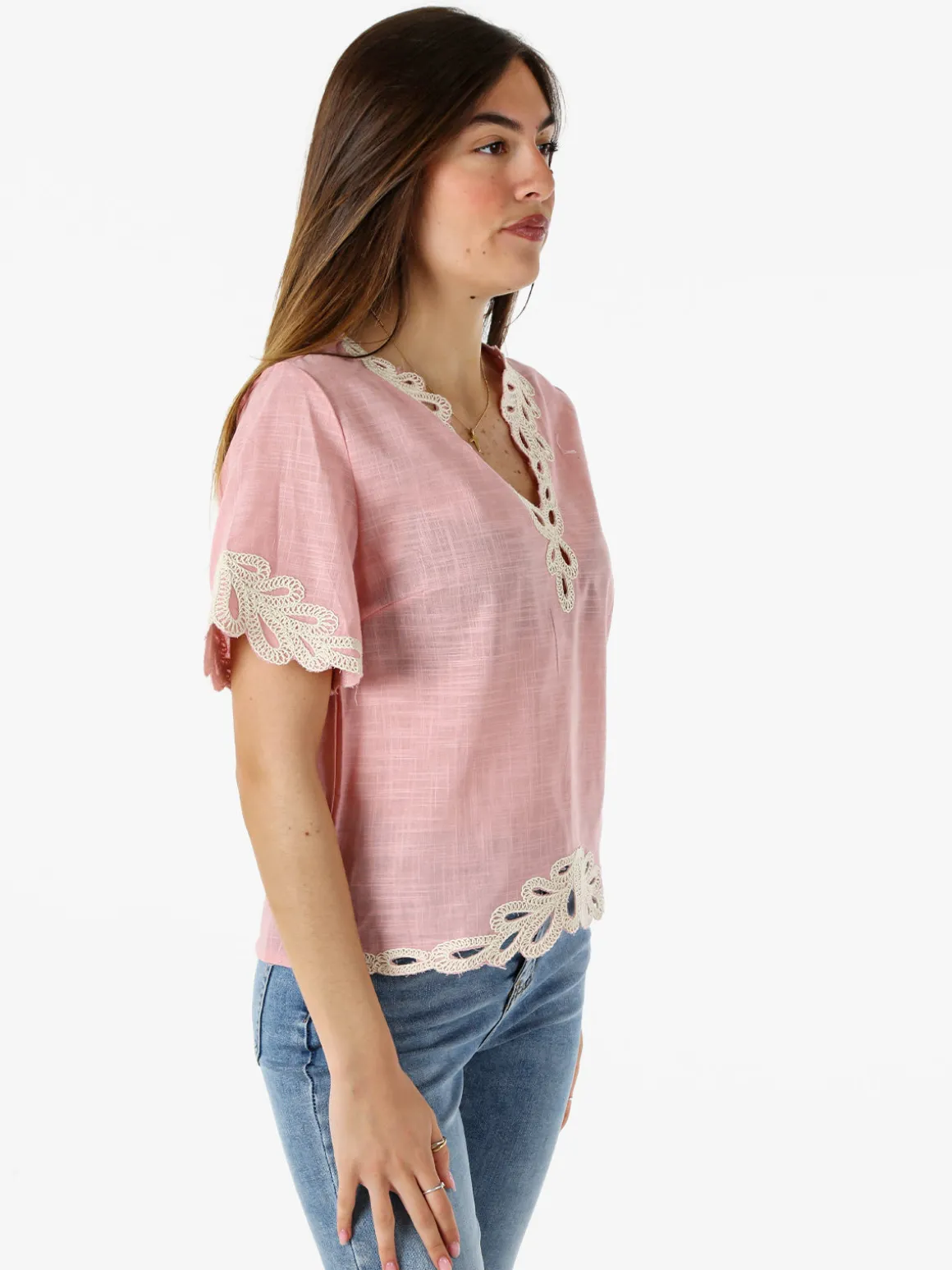 Solada Blusa donna in misto lino e cotone a maniche corte con ricami - rosa