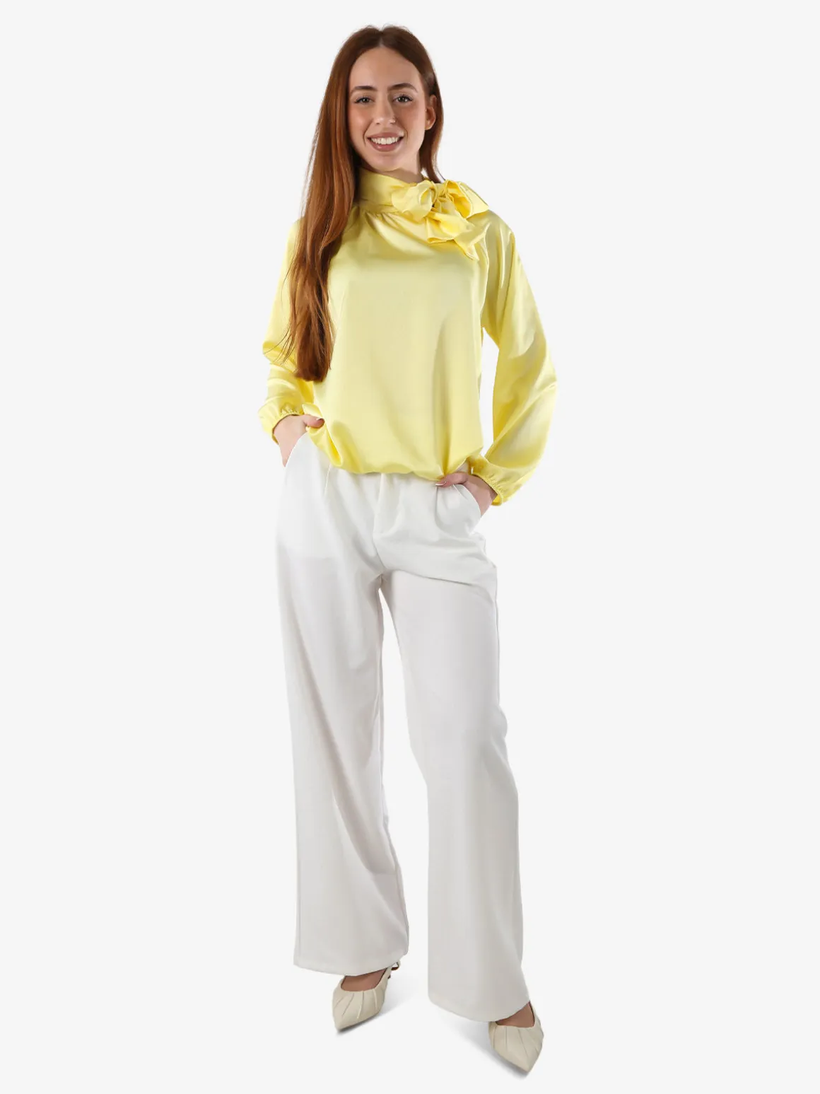 Solada Blusa donna in tessuto simil raso a maniche lunghe - giallo