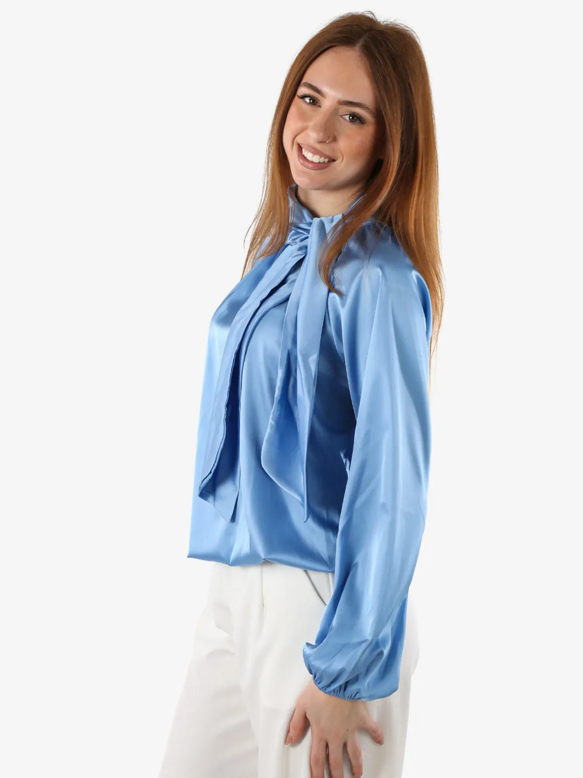 Solada Blusa donna in tessuto simil raso a maniche lunghe - azzurro