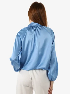 Solada Blusa donna in tessuto simil raso a maniche lunghe - azzurro