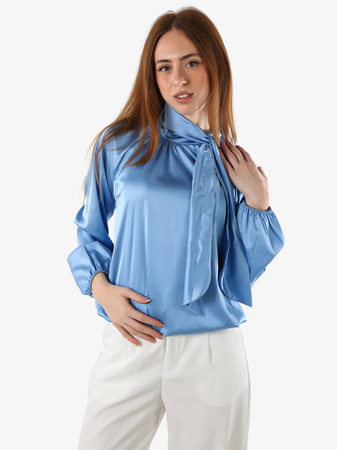 Solada Blusa donna in tessuto simil raso a maniche lunghe - azzurro