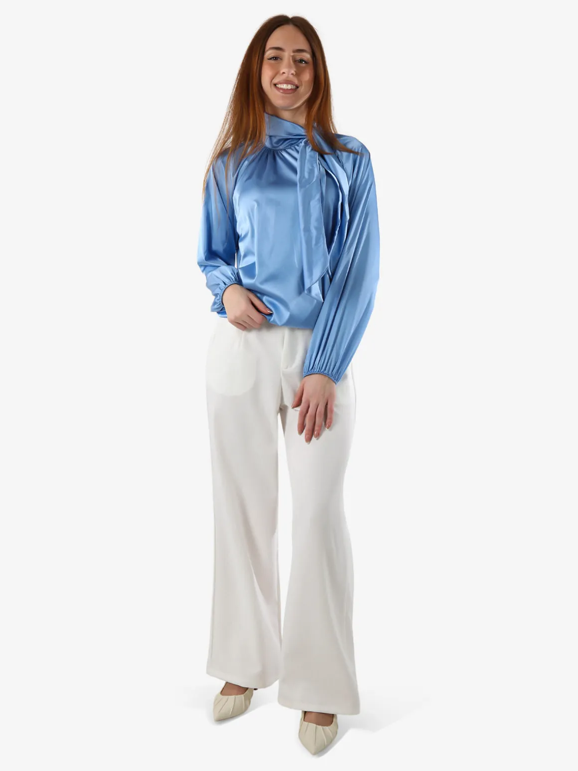 Solada Blusa donna in tessuto simil raso a maniche lunghe - azzurro