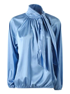 Solada Blusa donna in tessuto simil raso a maniche lunghe - azzurro
