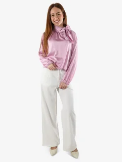 Solada Blusa donna in tessuto simil raso a maniche lunghe - rosa