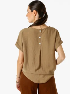 Solada Blusa donna in viscosa a maniche corte con bottoni decorati sul retro - khaki