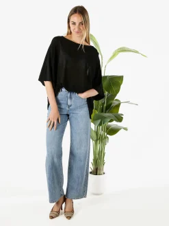 Solada Blusa donna in viscosa con maniche corte a pipistrello - nero