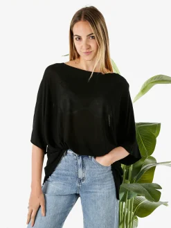 Solada Blusa donna in viscosa con maniche corte a pipistrello - nero