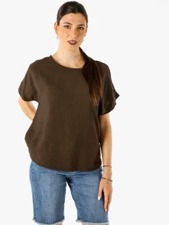 Solada Blusa donna in viscosa a maniche corte con bottoni decorati sul retro - moro